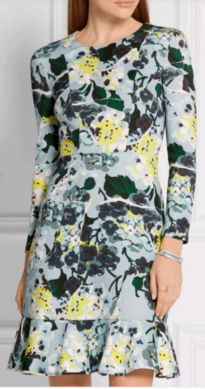 Erdem Judy Floral Print Tech Jersey Mini Dress Sky Blue Sz US 6 Long-sleeve (A